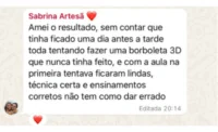 Comentário de Sabrina Artesã: Amei o resultado. Passei uma tarde inteira tentando fazer uma borboleta 3D que nunca tinha feito e, com a aula, na primeira tentativa ficaram lindas. Técnica certa e ensinamentos corretos, não tem como dar errado.