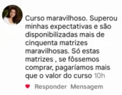 Comentário: Curso maravilhoso. Superou minhas expectativas e são disponibilizadas mais de cinquenta matrizes maravilhosas. Só estas matrizes, se fôssemos comprar, pagaríamos mais que o valor do curso.