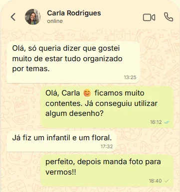 Conversa no WhatsApp com Carla Rodrigues: gostei muito de estar tudo organizado por temas. Pergunta: já conseguiu utilizar algum desenho? Carla: Já fiz um infantil e um floral.
